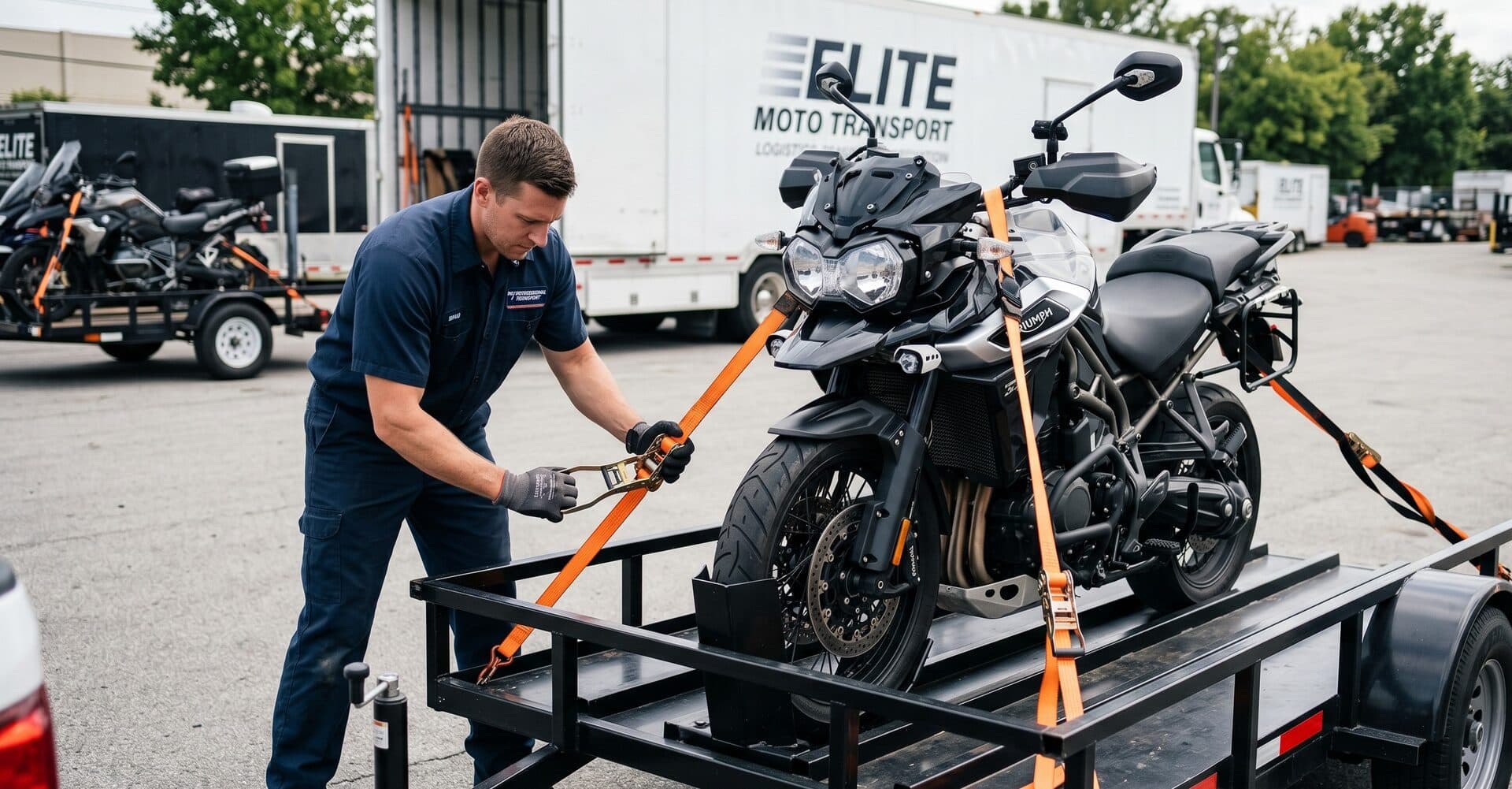 Moto sanglée pour transport France-Maroc